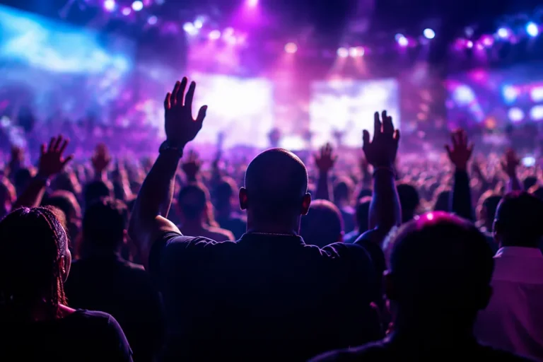 Congregation worshipping with raised hands beneath stage lighting
