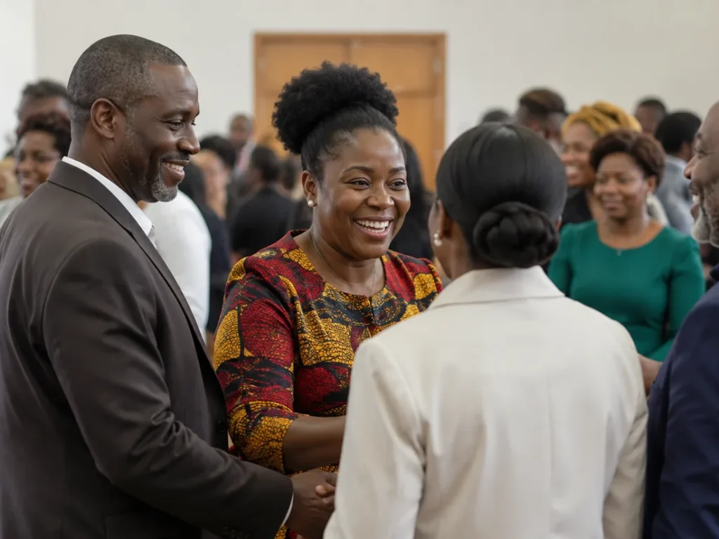 Church members greeting one another and talking after a service