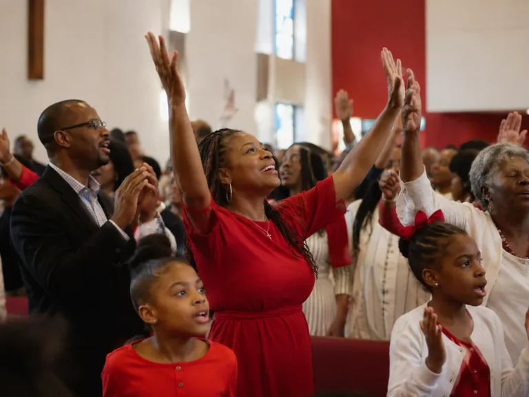 Congregation standing together in worship during a service