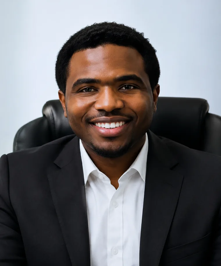 Portrait of a church leader in a suit against a blue background